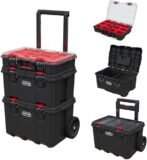 Keter Stack-n-Roll Modular Tools Organizer for Garage Storage and DIY, 3 Piece Resin Rolling Tool Box System for Small Parts, Black