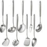 Newness 9 Pcs Cooking Utensils Set, 304 Stainless Steel Kitchen Utensils Set, Metal Kitchen Accessories, Include Soup Ladle, Slotted Skimmer Spoon, Spaghetti Spoon and Spatula, Dishwasher Safe