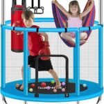 ZCMHAXJ 55″ Trampoline for Kids with Enclosure, 440lbs Capacity Indoor &amp; Outdoor Toddler Trampoline with Adjustable Gymnastics Bar &amp; Toys, for Boys &amp; Girls
