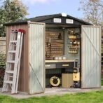 Aoxun 6.2×4 FT Shed Outdoor Storage Shed with Lockable Doors &amp; Slooping Roof Metal Garden Tool Shed for Backyard, Patio, Poolside (Brown)