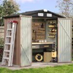 Aoxun 6.2×4 FT Shed Outdoor Storage Shed with Lockable Doors &amp; Slooping Roof Metal Garden Tool Shed for Backyard, Patio, Poolside (Brown)