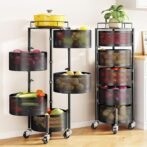 SNTD Fruit and Vegetable Basket Bowls for Kitchen with Metal Top Lid, 5 Tier Rotating Storage Rack Cart for Potato Onion Bread Banana, Wire Basket Organizer on Wheels, Large, Black