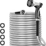 SPECILITE 200ft 304 Stainless Steel Garden Hose Metal, Heavy Duty Water Pipe with Nozzles for Yard, Outdoor – Flexible, Never Kink &amp; Tangle, Puncture Resistant (Sliver)