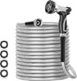SPECILITE 200ft 304 Stainless Steel Garden Hose Metal, Heavy Duty Water Pipe with Nozzles for Yard, Outdoor – Flexible, Never Kink &amp; Tangle, Puncture Resistant (Sliver)