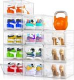 12 Pack Clear Shoe Storage Organizer with Magnetic Door,Stackable Plastic Shoe Boxes for Sneakers,Boots,and Heels,Space-Saving Foldable Shoe Rack for Closet,Durable Shoe Cabinet Organizer,White