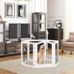 PAWLAND 144-inch Extra Wide 30-inches Tall Dog gate with Door Walk Through, Freestanding Wire Pet Gate for The House, Doorway, Stairs, Pet Puppy Safety Fence, Support Feet Included, White,6 Panels - Image 2